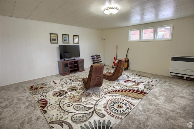 interior space featuring heating unit and light carpet