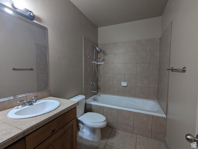 3006 E Somerset Dr, Spanish Fork, UT 84660 - bathroom with a textured ceiling, vanity, tile patterned flooring, toilet, and tiled shower / bath combo