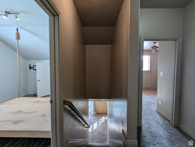 3006 E Somerset Dr, Spanish Fork, UT 84660 - interior space featuring carpet floors, baseboards, vaulted ceiling, and a textured ceiling