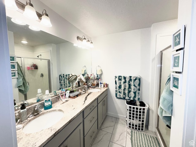 11587 S Prosperity Rd W, South Jordan, UT 84009 - bathroom with a textured ceiling, a shower with door, and vanity