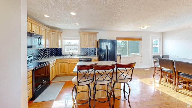1125 N Trinnaman Ln, Lehi, UT 84043 - kitchen with sink, black appliances, tasteful backsplash, and light hardwood / wood-style floors
