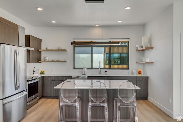 kitchen with open shelves, appliances with stainless steel finishes, modern cabinets, and a sink