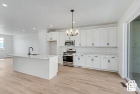 kitchen with sink, white cabinetry, decorative light fixtures, stainless steel appliances, and an island with sink