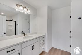 bathroom featuring a shower with door, vanity, and wood-type flooring
