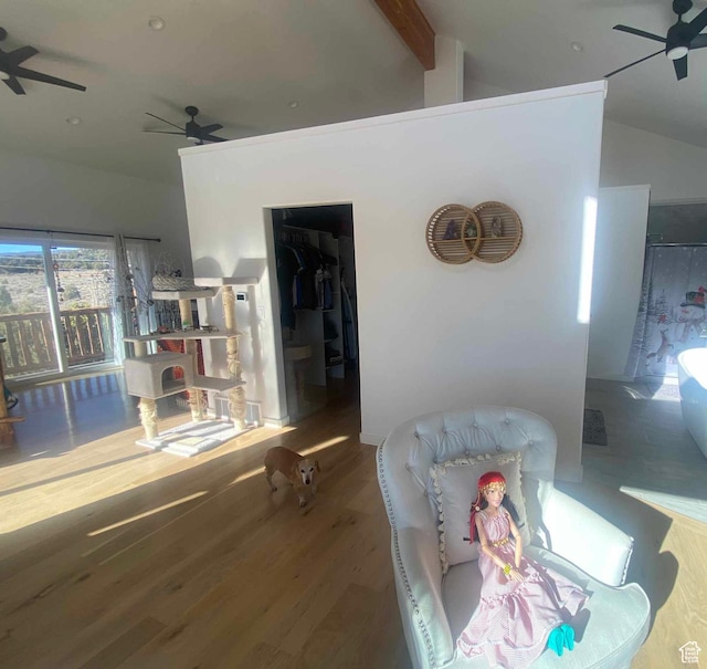 45450 W Cedar Rock Rd, Fruitland, UT 84027 - interior space with vaulted ceiling with beams, ceiling fan, and wood finished floors