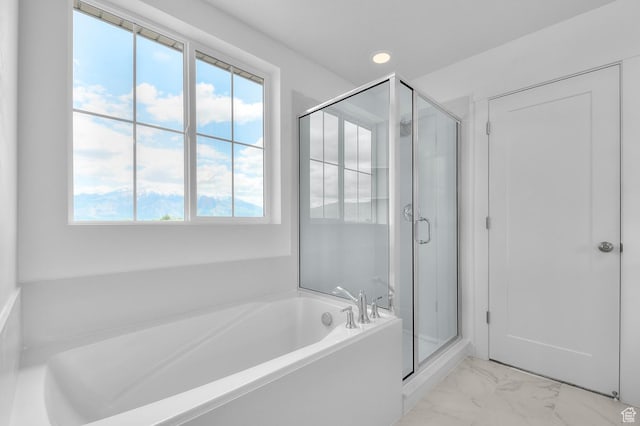 1972 S 2475 W, West Haven, UT 84401 - full bathroom featuring marble finish flooring, a garden tub, a stall shower, and recessed lighting