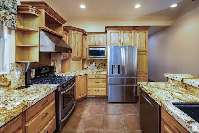 865 Seminole Way S, Washington, UT 84780 - kitchen featuring open shelves, light stone countertops, decorative backsplash, appliances with stainless steel finishes, and ventilation hood