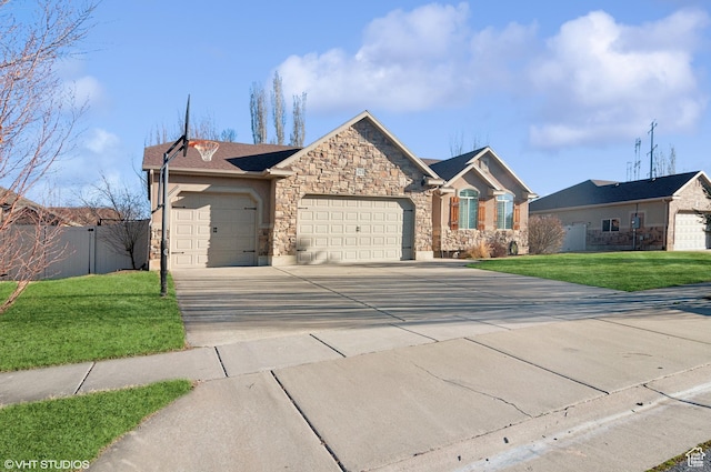 672 W 1900 S, Syracuse, UT 84075 - ranch-style home with driveway, stone siding, fence, a front yard, and an attached garage
