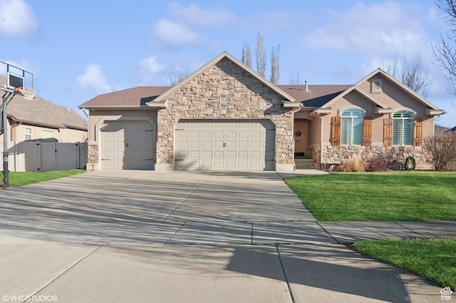 ranch-style home featuring driveway, a front lawn, a gate, fence, and an attached garage