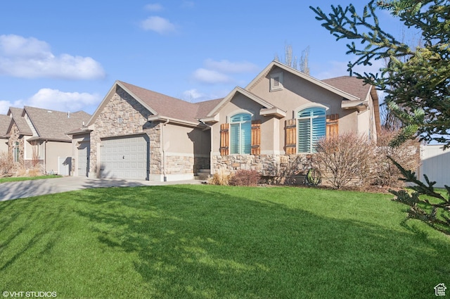 672 W 1900 S, Syracuse, UT 84075 - ranch-style home with an attached garage, stucco siding, a front lawn, concrete driveway, and stone siding
