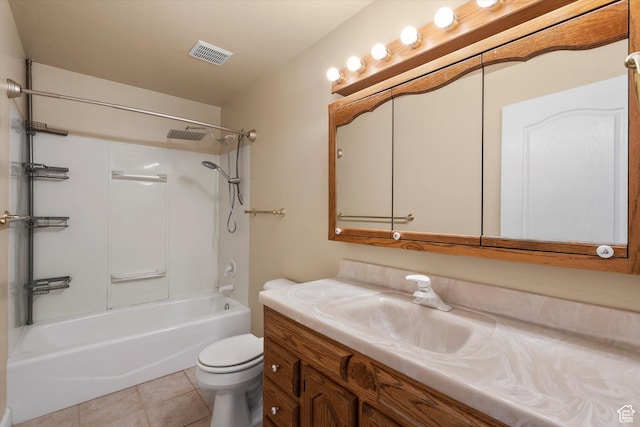 full bathroom with shower / tub combination, toilet, tile patterned flooring, and vanity