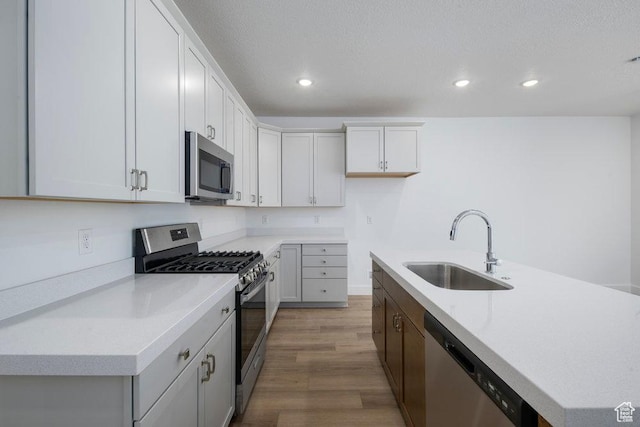 1773 W 160 S Unit 43, Pleasant Grove, UT 84062 - kitchen featuring a sink, wood finished floors, recessed lighting, stainless steel appliances, and light countertops