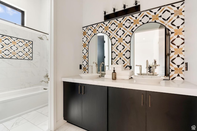 2836 S 2300th Cir E, St George, UT 84790 - bathroom featuring double vanity, marble finish floor, a sink, and shower / bathing tub combination