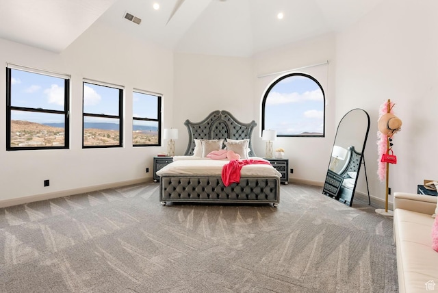 2836 S 2300th Cir E, St George, UT 84790 - bedroom with high vaulted ceiling, carpet flooring, visible vents, and baseboards