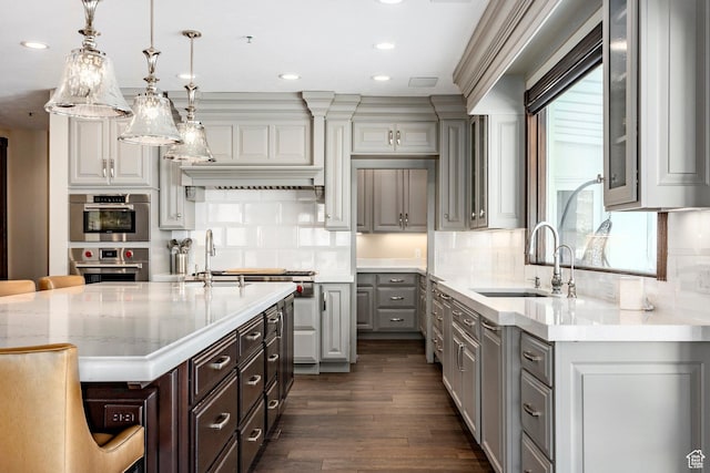 2845 S Wood Hollow Way, Bountiful, UT 84010 - kitchen featuring gray cabinetry, a sink, dark wood-style flooring, backsplash, and recessed lighting