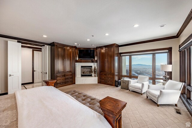 2845 S Wood Hollow Way, Bountiful, UT 84010 - bedroom with crown molding, a glass covered fireplace, recessed lighting, and baseboards