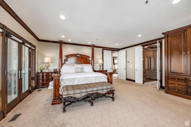 2845 S Wood Hollow Way, Bountiful, UT 84010 - bedroom featuring ornamental molding, recessed lighting, light colored carpet, and access to outside