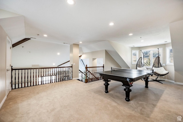 2845 S Wood Hollow Way, Bountiful, UT 84010 - game room featuring carpet flooring, recessed lighting, baseboards, and vaulted ceiling