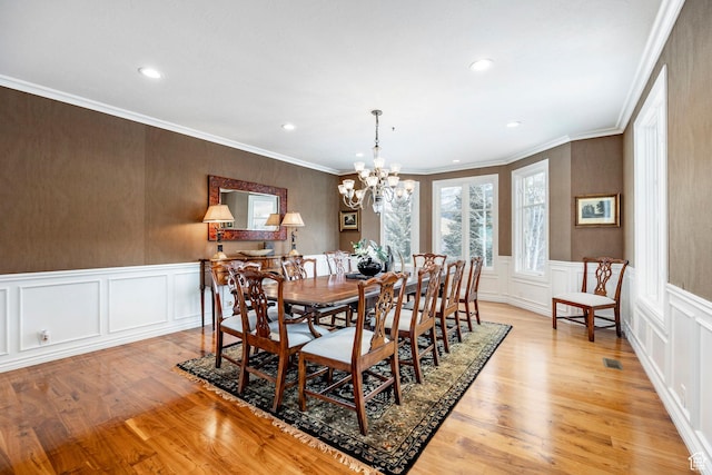 2845 S Wood Hollow Way, Bountiful, UT 84010 - dining room featuring a decorative wall, light wood-style floors, a chandelier, recessed lighting, and ornamental molding