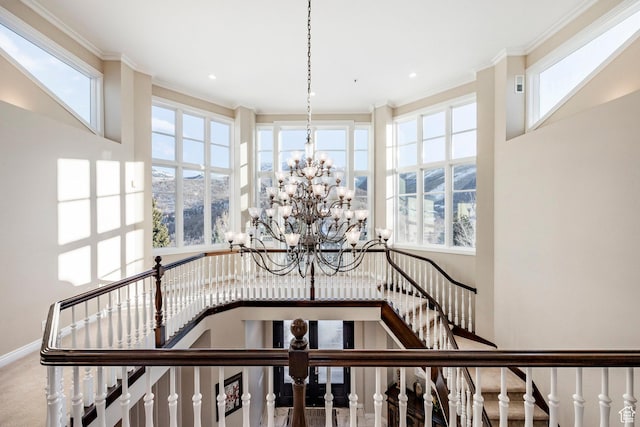 2845 S Wood Hollow Way, Bountiful, UT 84010 - staircase featuring a chandelier, ornamental molding, plenty of natural light, a high ceiling, and recessed lighting