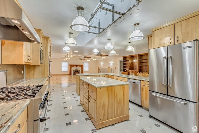 3780 W 5850 S, Roy, UT 84067 - kitchen with high end appliances, light stone counters, extractor fan, a center island, and light brown cabinets
