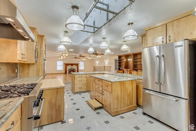 3780 W 5850 S, Roy, UT 84067 - kitchen featuring range hood, pendant lighting, stainless steel appliances, and light brown cabinets