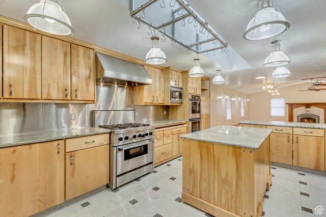 3780 W 5850 S, Roy, UT 84067 - kitchen featuring appliances with stainless steel finishes, a kitchen island, light brown cabinets, and wall chimney exhaust hood