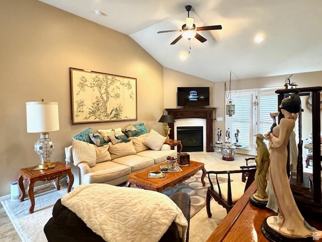 4547 S 1250 W, Riverdale, UT 84405 - living area with a glass covered fireplace, ceiling fan, and lofted ceiling