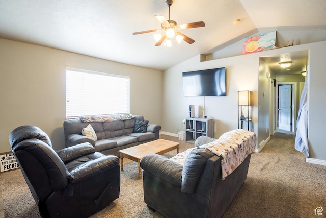 living room with light carpet, vaulted ceiling, and ceiling fan