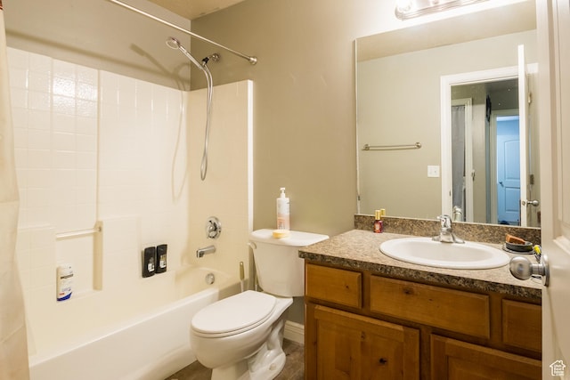 full bathroom featuring toilet,  shower combination, and vanity