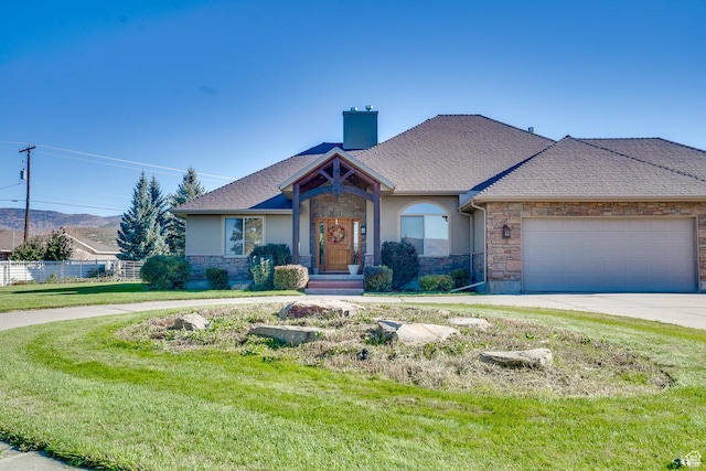 view of front of house featuring fence, stucco siding, stone siding, and a chimney