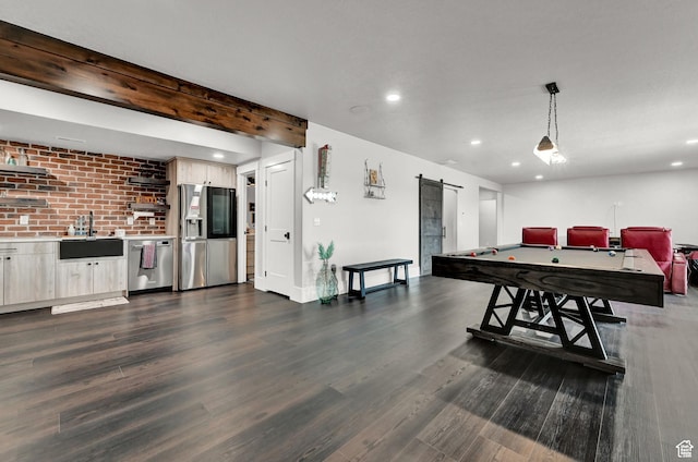 2673 S 4950 W, Taylor, UT 84401 - playroom with dark wood-style floors, a barn door, a sink, and recessed lighting