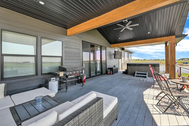 2673 S 4950 W, Taylor, UT 84401 - deck with a hot tub, an outdoor hangout area, ceiling fan, and area for grilling