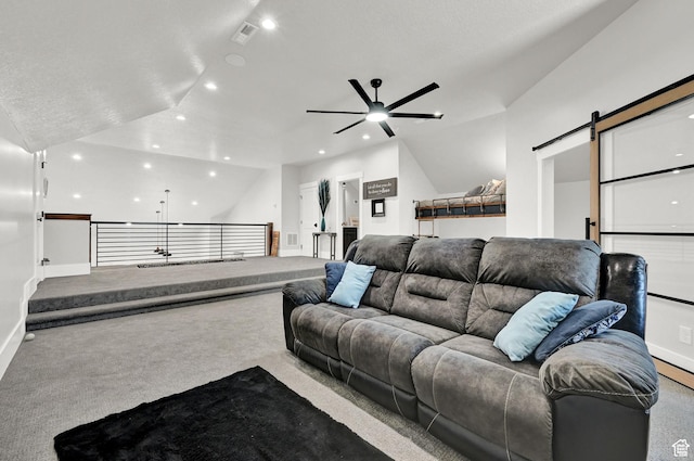 2673 S 4950 W, Taylor, UT 84401 - living area with recessed lighting, light colored carpet, visible vents, a barn door, and vaulted ceiling