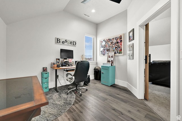 2673 S 4950 W, Taylor, UT 84401 - home office featuring baseboards, visible vents, lofted ceiling, ceiling fan, and wood finished floors
