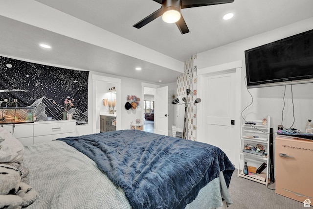 2673 S 4950 W, Taylor, UT 84401 - bedroom with wallpapered walls, a ceiling fan, ensuite bathroom, carpet, and recessed lighting