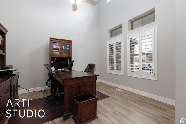 3013 W Alta Peak Rd, South Jordan, UT 84095 - office area with light wood-type flooring, visible vents, a towering ceiling, and baseboards