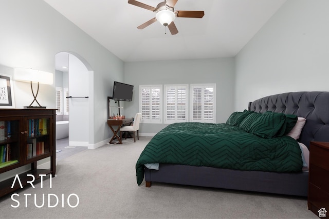 3013 W Alta Peak Rd, South Jordan, UT 84095 - bedroom featuring a ceiling fan, carpet, arched walkways, and baseboards
