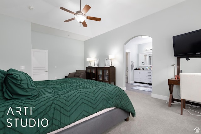 3013 W Alta Peak Rd, South Jordan, UT 84095 - bedroom featuring carpet, arched walkways, vaulted ceiling, ceiling fan, and baseboards