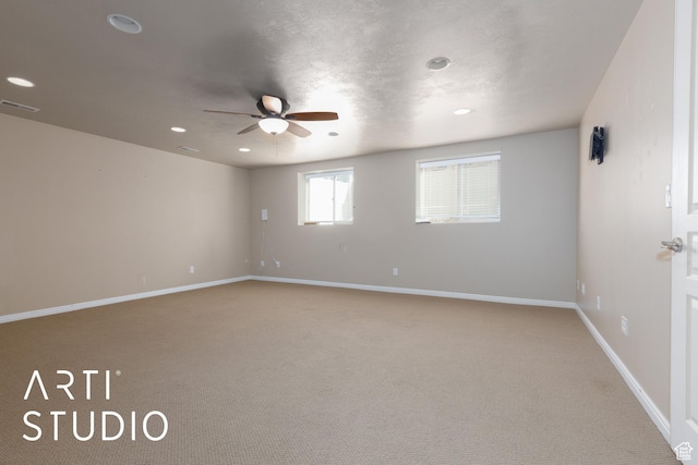 3013 W Alta Peak Rd, South Jordan, UT 84095 - unfurnished room featuring baseboards, visible vents, light colored carpet, ceiling fan, and recessed lighting