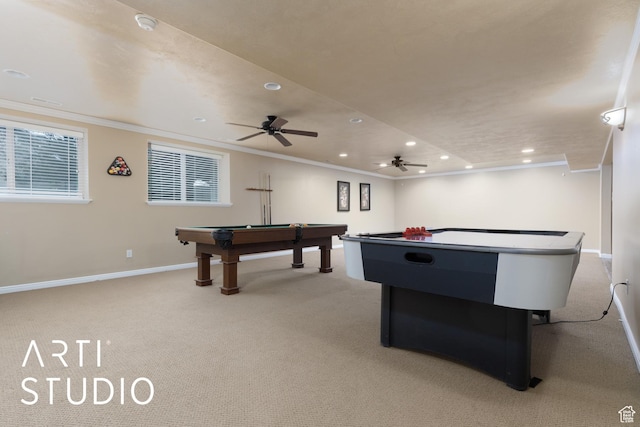 3013 W Alta Peak Rd, South Jordan, UT 84095 - recreation room with recessed lighting, light carpet, billiards, baseboards, and crown molding
