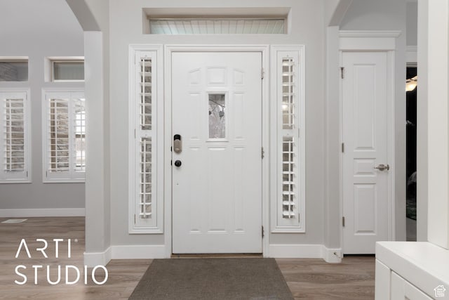 3013 W Alta Peak Rd, South Jordan, UT 84095 - entryway featuring baseboards, arched walkways, and wood finished floors