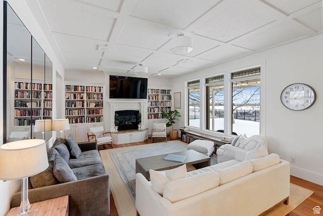 1609 E Quail Way, Logan, UT 84321 - living area with built in features, recessed lighting, wood finished floors, coffered ceiling, and baseboards