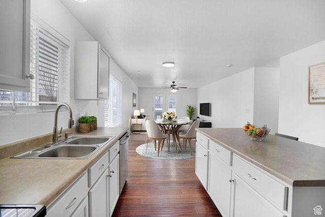 298 Beaumont Dr, Kaysville, UT 84037 - kitchen with a sink, dishwasher, dark wood-type flooring, ceiling fan, and white cabinets