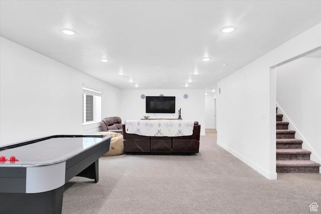 playroom with baseboards, recessed lighting, and light colored carpet