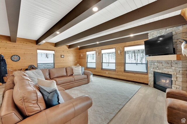 11249 E Columbine Ln Unit 1607, Heber City, UT 84032 - living room with wood finished floors, wood walls, beamed ceiling, a fireplace, and recessed lighting