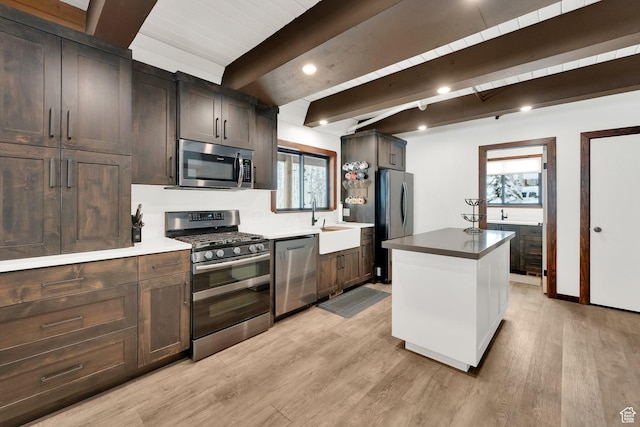 11249 E Columbine Ln Unit 1607, Heber City, UT 84032 - kitchen featuring stainless steel appliances, beam ceiling, light wood-style flooring, healthy amount of natural light, and a sink
