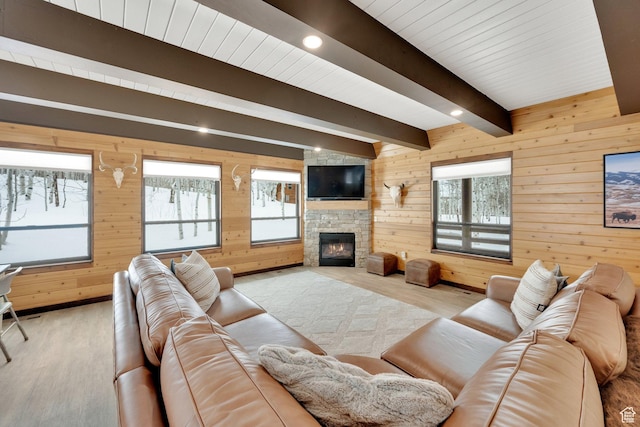 11249 E Columbine Ln Unit 1607, Heber City, UT 84032 - living area featuring wood walls, wood finished floors, beam ceiling, a fireplace, and recessed lighting