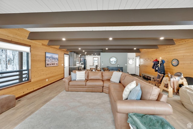 11249 E Columbine Ln Unit 1607, Heber City, UT 84032 - living area with wood walls, light wood-style flooring, and beam ceiling