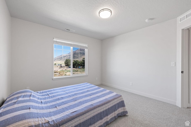 carpeted bedroom featuring visible vents, baseboards, and a textured ceiling
